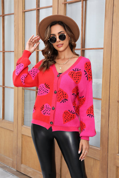 Autumn Winter ’s V-neck Strawberry Cardigan With Buttoned Coat