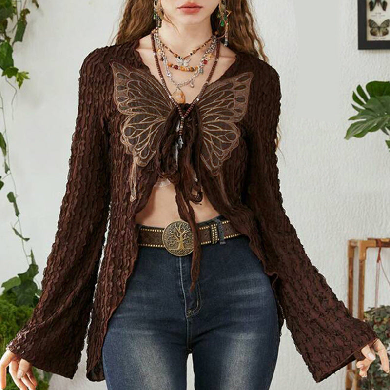 Retro Texture Butterfly Tied Top – Irregular Asymmetric V Neck Cardigan
