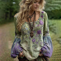 Classy Gradient Purple Lavender And Floral Embroidered Linen Long Sleeve Shirt elevenforest