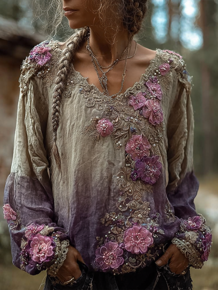 Bohemian Style Round Neck Long Sleeve 3d Purple Flower Design Cotton And Linen Top For Women elevenforest