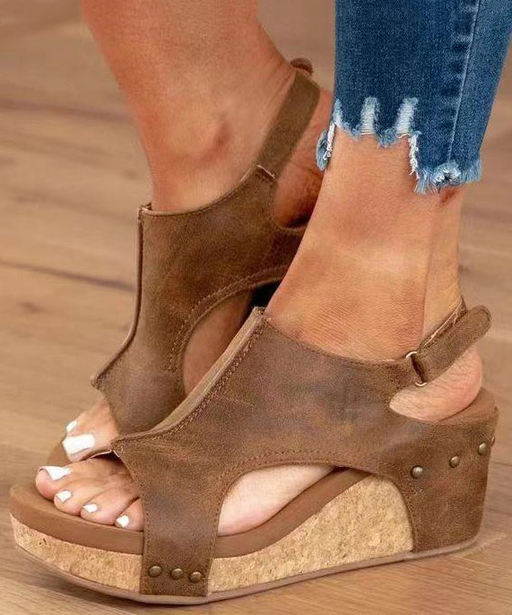 European American Style Black Splicing Wedge Sandals Hollow Out Peep Toe Uu011