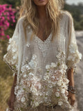 Bohemian Pink Three-dimensional Flower Sequin Vintage White Thin Vintage Lace V-neck Short-sleeved Shirt elevenforest