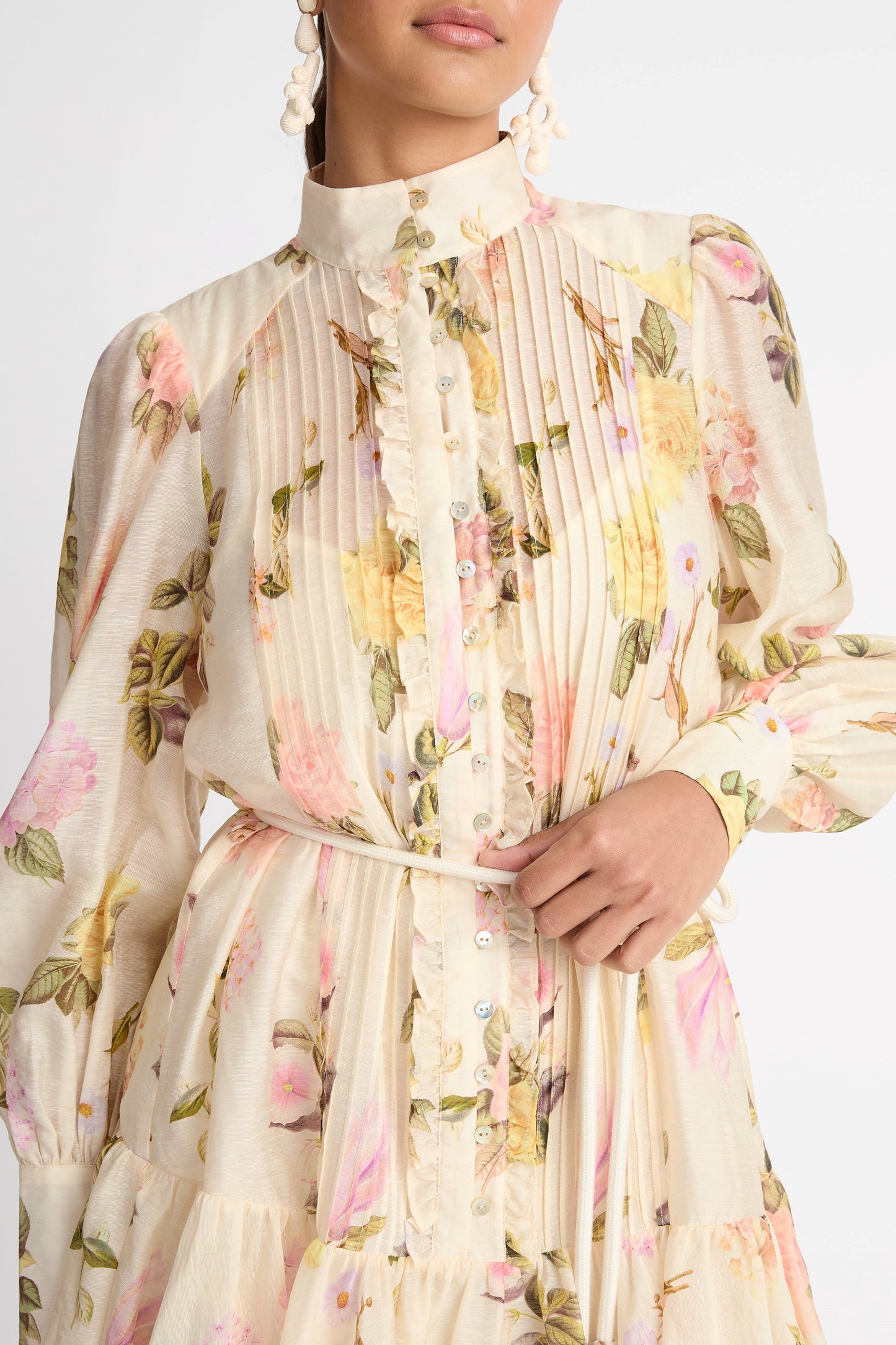 Puff Long Sleeve Buttoned Lace Up Ruffle Hem Mini Dress