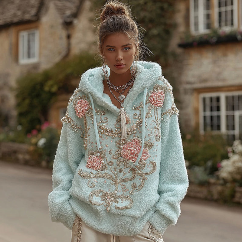 Women's Vintage Bohemian Embroidered Flannel Hoodie elevenforest