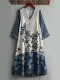 Japanese Art Retro Style Plant And Flower Pattern Patchwork Design V-neck Cotton And Linen Dress elevenforest