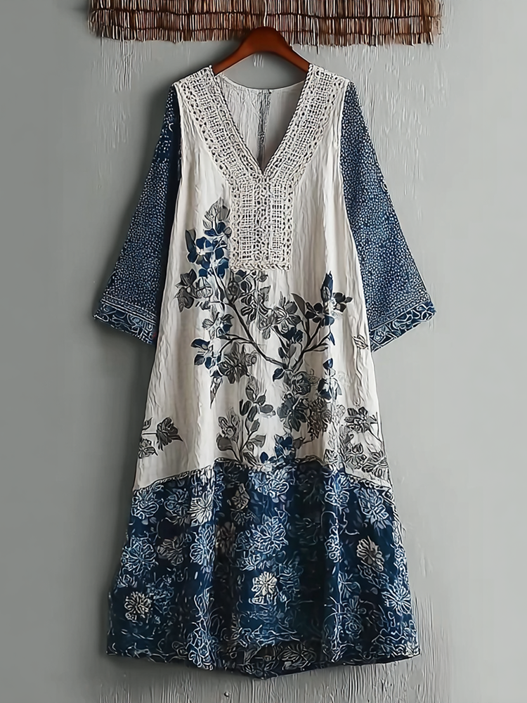 Japanese Art Retro Style Plant And Flower Pattern Patchwork Design V-neck Cotton And Linen Dress elevenforest