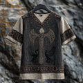 Men's Viking Runes Celtic Knot Raven And Axetotem Linen T-shirt elevenforest