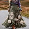 Women's Vintage White Floral Casual Linen Skirt elevenforest