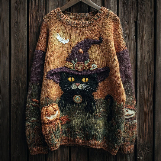 Comstylish Halloween Witch Black Cat Vintage Cozy Knit Sweater