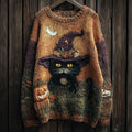 Halloween Witch Black Cat Vintage Cozy Knit Sweater elevenforest