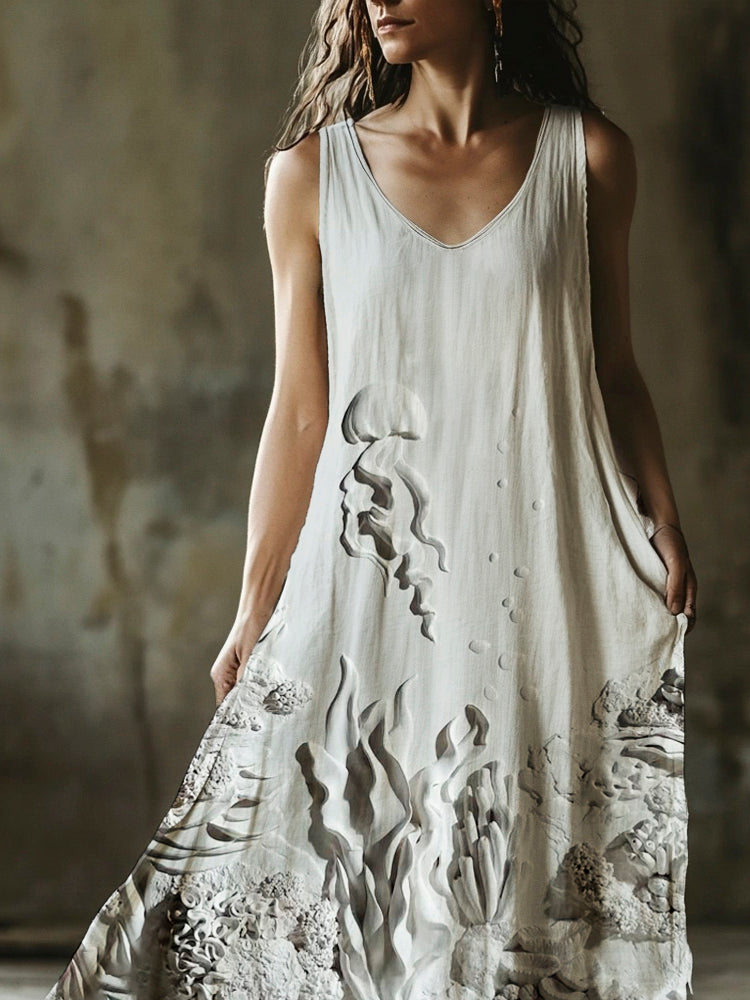 Boho Underwater Creatures Embossed Art Women's V-neck Vest Dress elevenforest