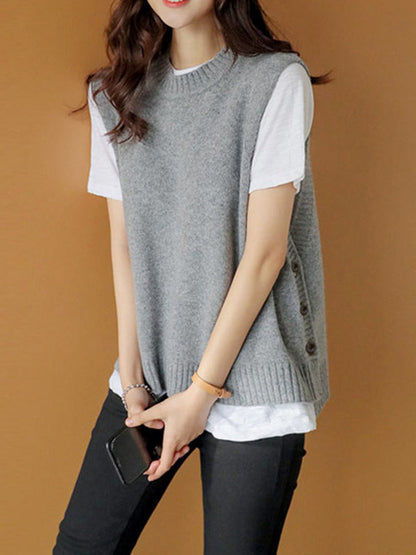 Simple Sleeveless Loose Buttoned Color Round-neck Sweater Vest Outerwear