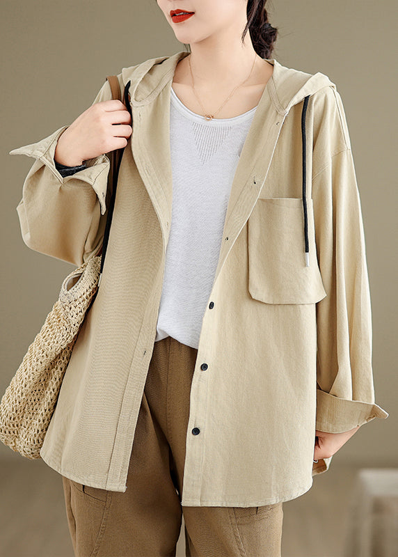 Brick Red Hooded Pockets Cotton Coat Fall
