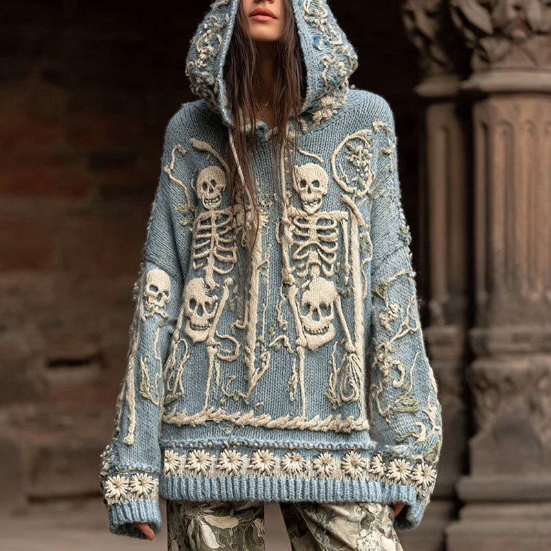 Women's Skull And Chrysanthemum Art Print Warm And Cozy Hooded Sweater elevenforest