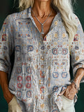 Women's Vintage Ethic Floral Art Print Casual Cotton Shirt