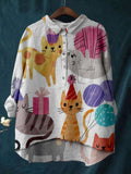 Women's Colorful Fun Cartoon Cats Print Linen Cotton Casual Shirt