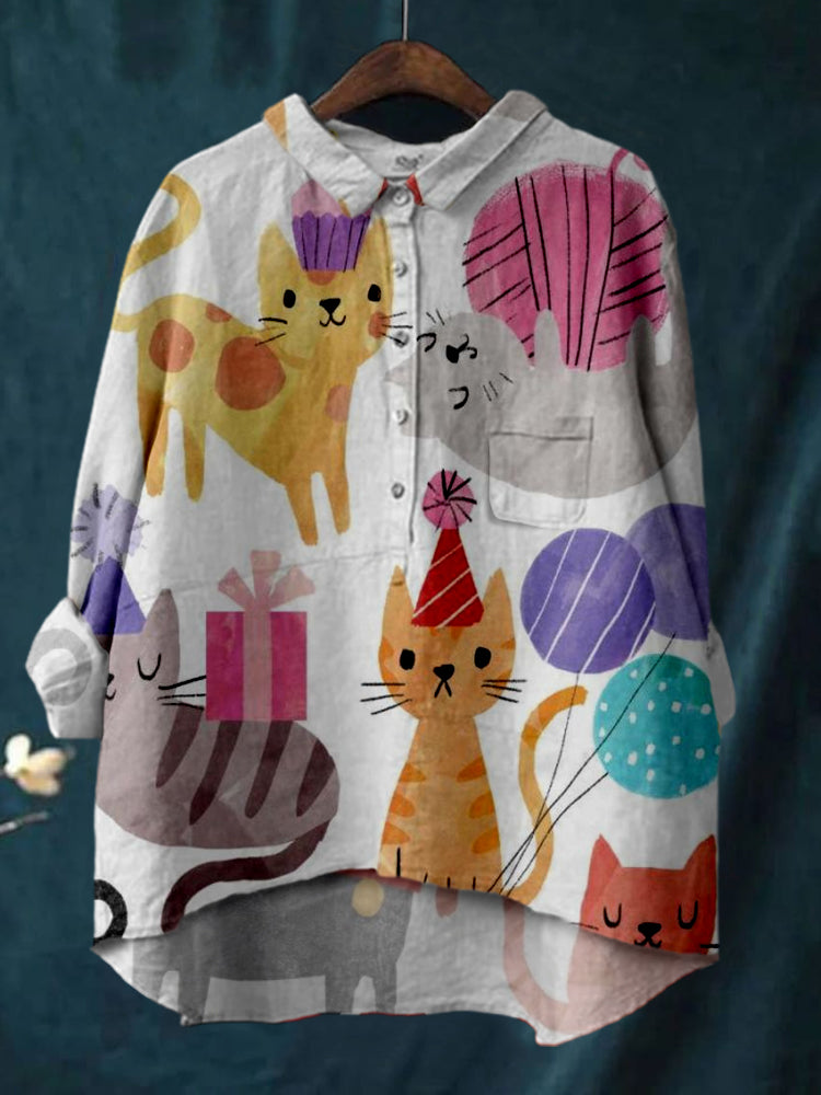 Women's Colorful Fun Cartoon Cats Print Linen Cotton Casual Shirt
