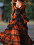 Vintage Gothic Black Roses Lace Trim Plaid Maxi Dress elevenforest