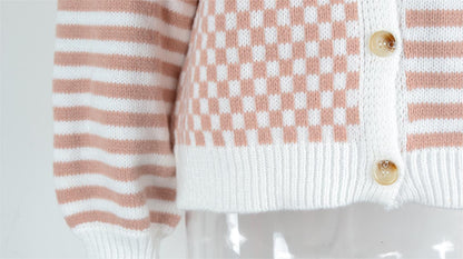 Autumn Winter Knitted Plaid Stitching Striped Cardigan Coat Sweater