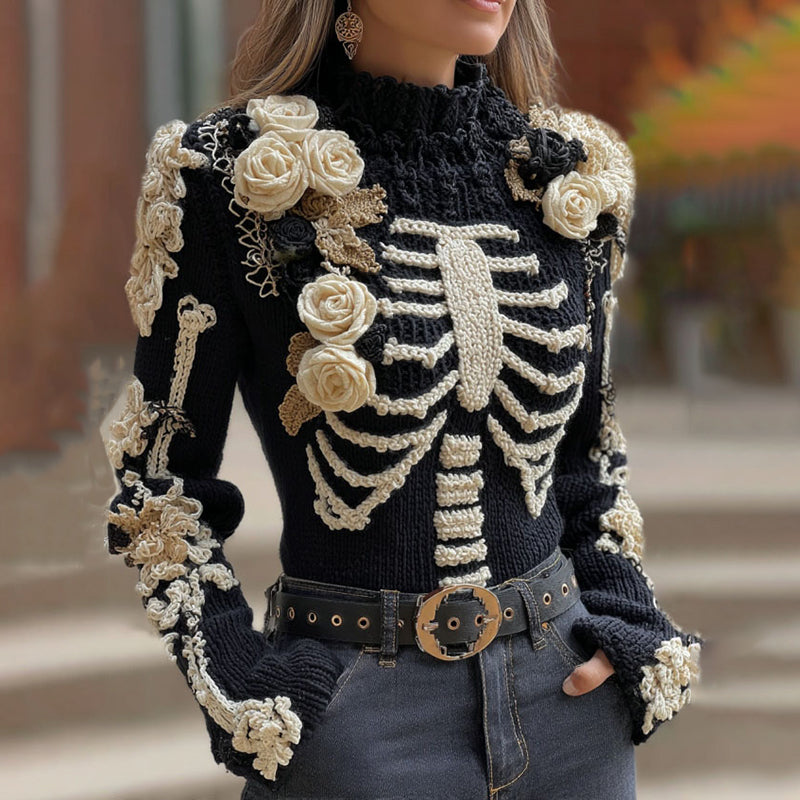 Comstylish Women's Vintage Halloween Skeleton Floral Art Cozy Sweater