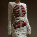 Women's Vintage Skeleton Bones With Rose Art Cozy Knit Mini Sweater Dress artswardrobe
