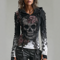 A Retro Women's Black-white Gradient Hooded Top With Gothic Skull And Floral Elements Design For Halloween. elevenforest