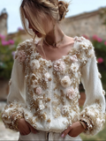 Bohemian Style 3d Pink Flower Knitted Pattern Women's V-neck Long-sleeve Knitted Sweater Jacket