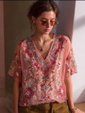 Bohemian Style Plant Flower Pattern Sequins Decorated Women's V-neck Top elevenforest