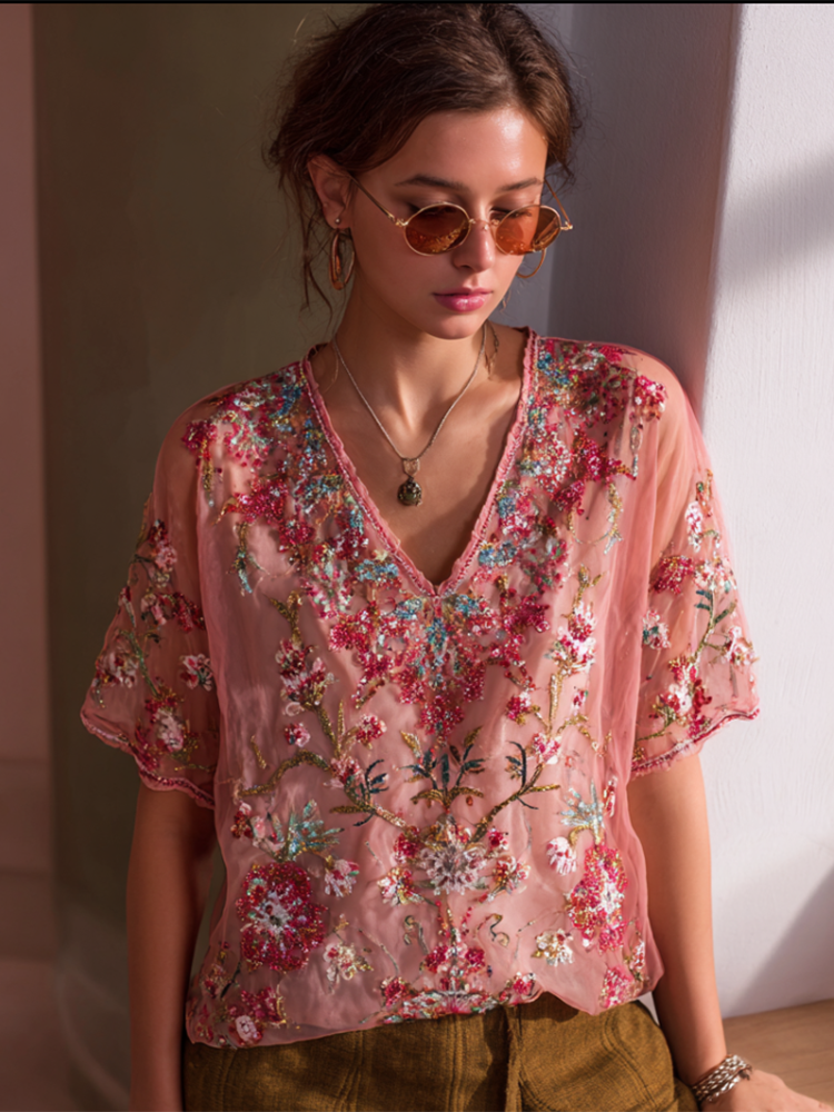 Bohemian Style Plant Flower Pattern Sequins Decorated Women's V-neck Top elevenforest
