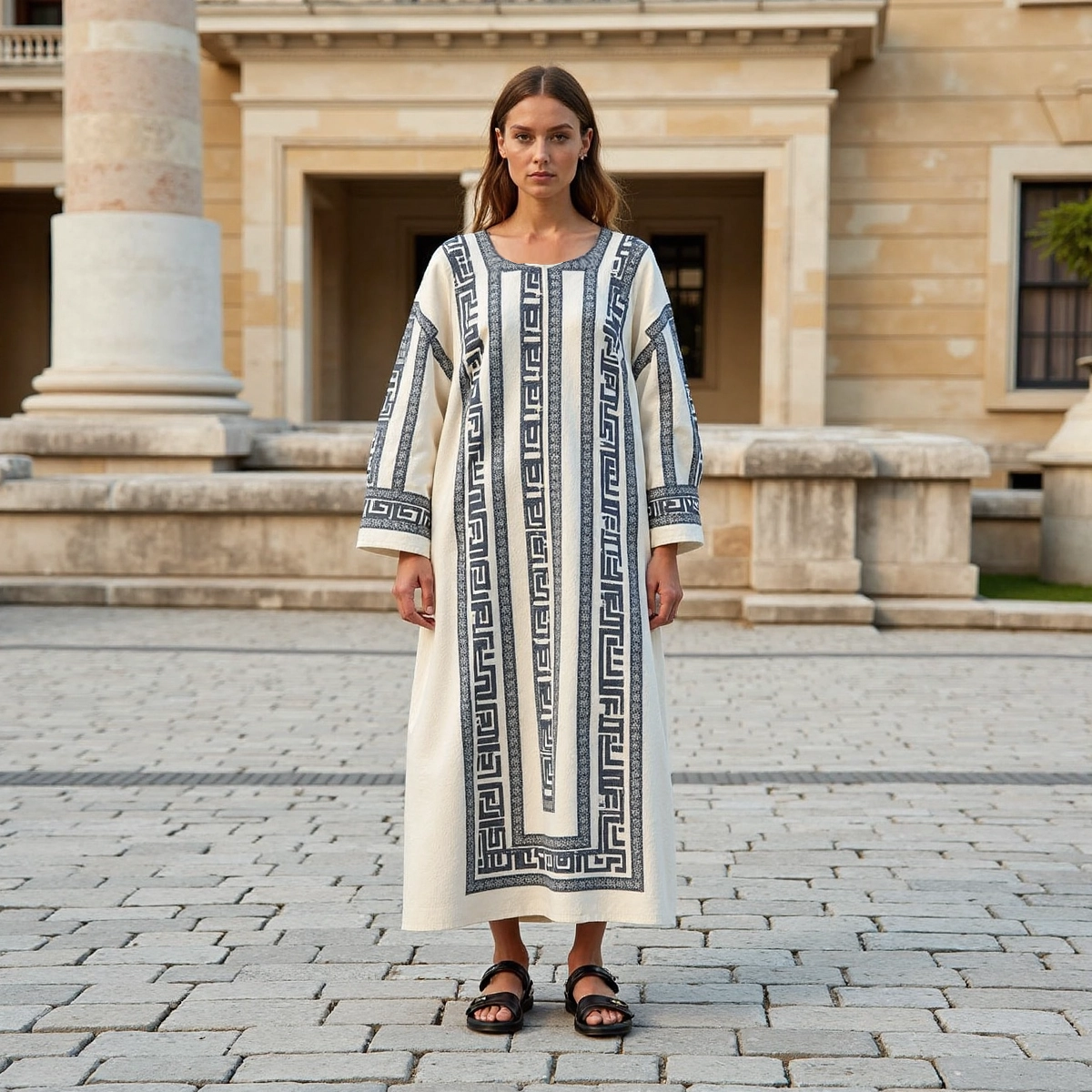 Vintage Greek Key Crew Neck Linen Mixi Dress elevenforest