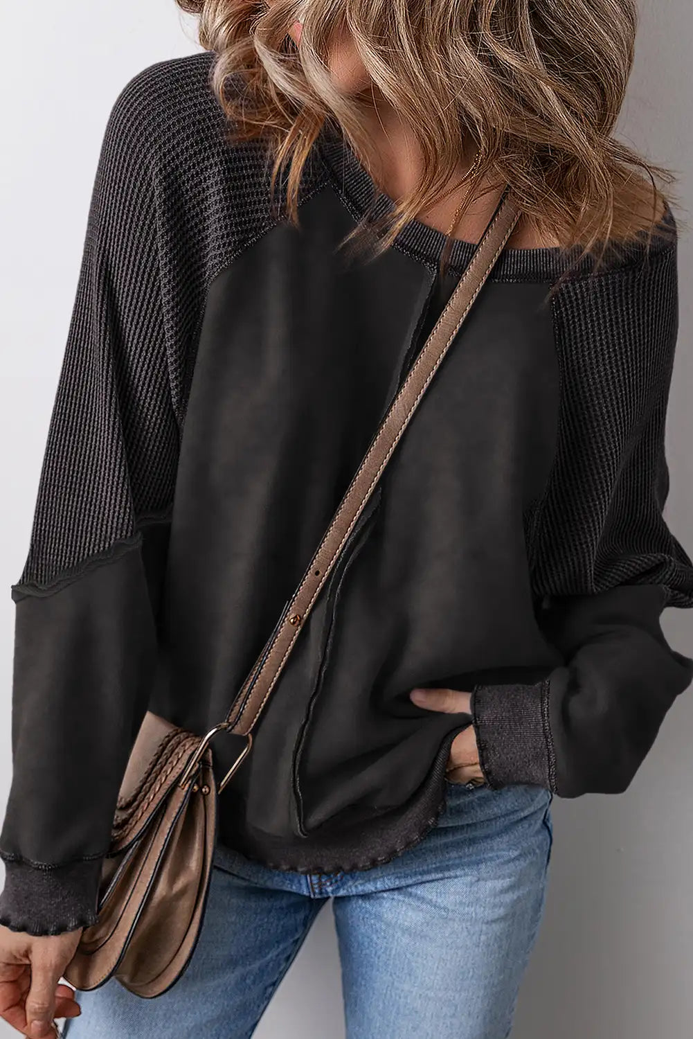 Black Waffle Knit Raglan Sleeve Sweatshirt