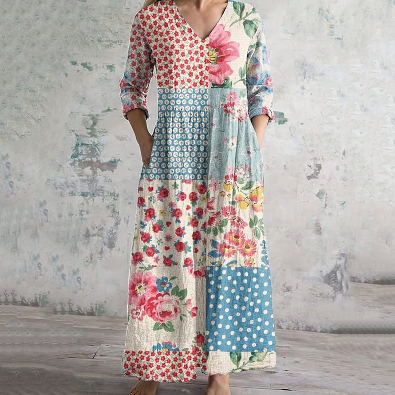 Vintage Botanical Floral Patchwork Art Pattern Women's Linen Dress elevenforest