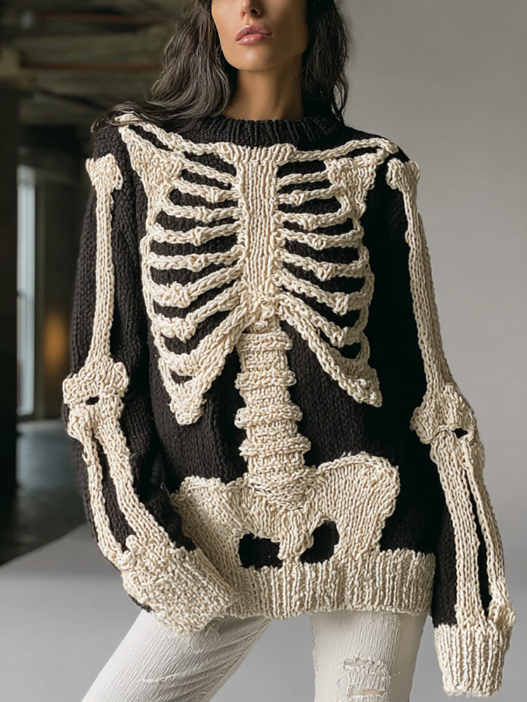 Women's Vintage Halloween Skull Embroidered Sweater artswardrobe
