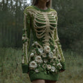 Women's Vintage Skeleton With White Rose Gradient Art Cozy Sweater Dress elevenforest