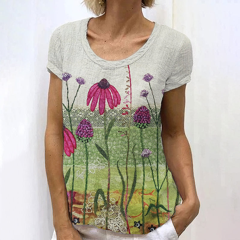 Comstylish Women's Echinacea Art Linen Crew Neck T-shirt