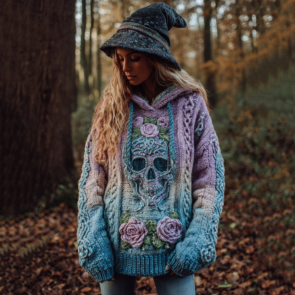 Women's Viking Tribal Jacquard Celtic With Rose And Skull Inspired Chunky Knit Hooded Sweater elevenforest