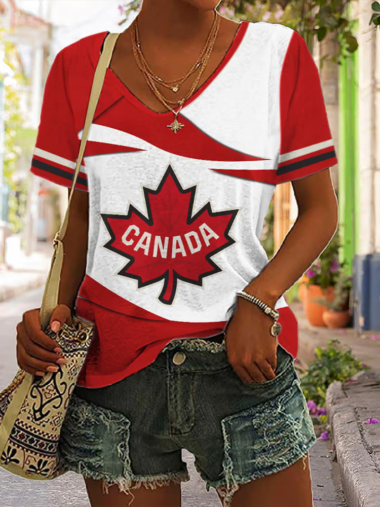 Comstylish Women’s Retro Canada Hockey Print V-neck T-shirt