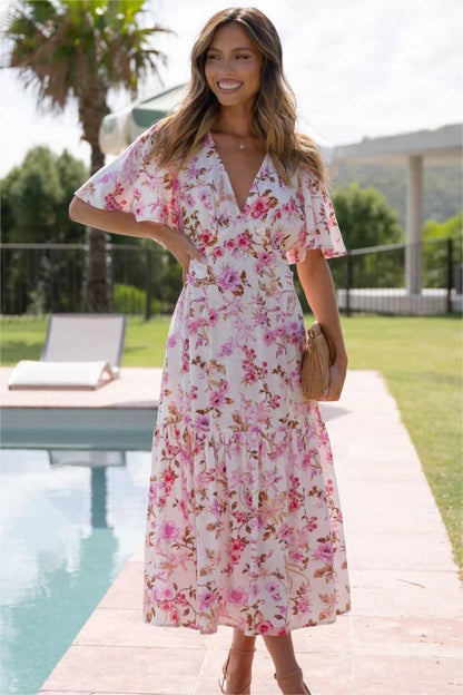 Printed V-neck Waist Short Sleeve Midi Dress