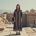 Retro Greek Key Graphics V Neck Linen Blend Maxi Dress elevenforest