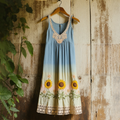 Boho Sunflower Embroidered Pattern Lace Patchwork Art Linen Dress elevenforest