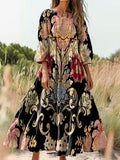 Women's Retro Ethnic Flowers Print Flowy Cotton Crew Neck Dress