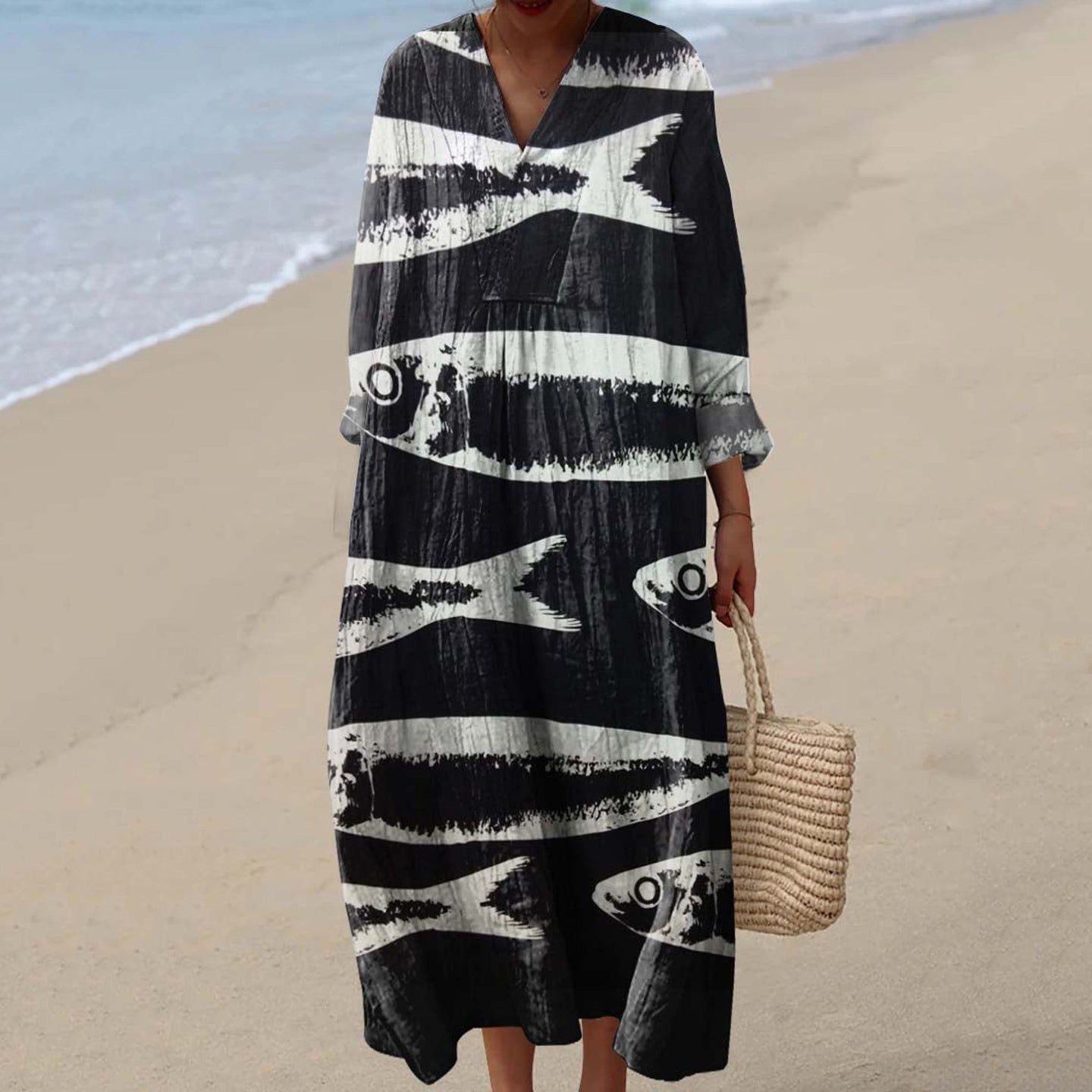 Women's Fun Fish Art Print Cotton And Linen Dress elevenforest
