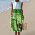 Women's Retro Cute Dogs Art Print Cotton Linen Sleeveless Dress elevenforest