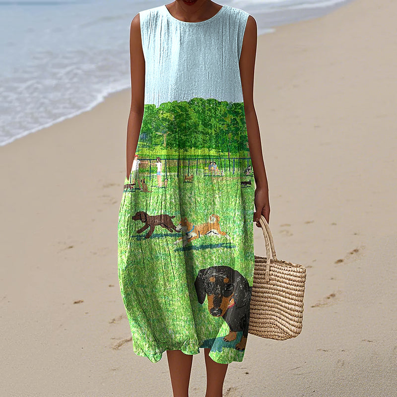 Women's Retro Cute Dogs Art Print Cotton Linen Sleeveless Dress elevenforest