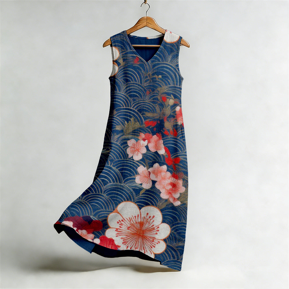 Comstylish Japanese Floral Art V Neck Flowy Linen Midi Dress