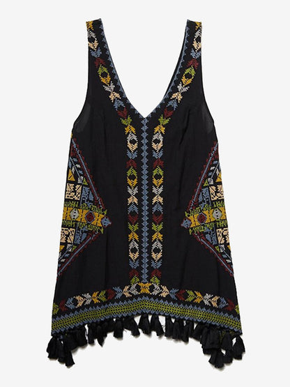 Dress Embroidered Pink V-neck Sleeveless Gypsy Beach Vacation Summer Short Tank Dress for