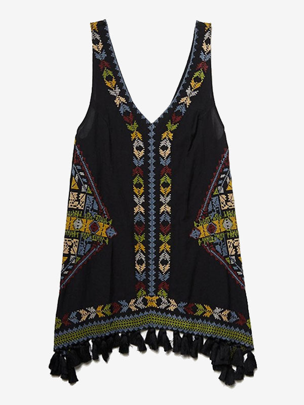 Dress Embroidered Pink V-neck Sleeveless Gypsy Beach Vacation Summer Short Tank Dress for
