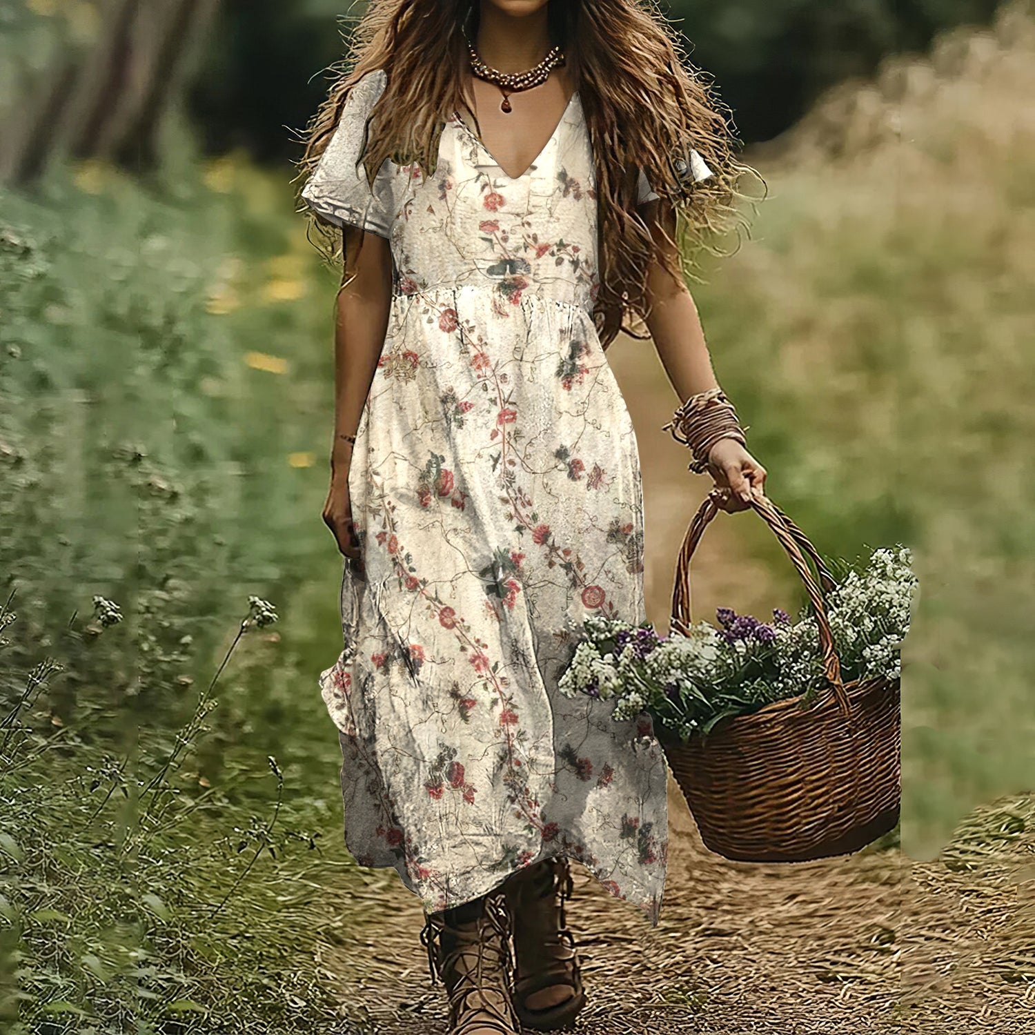 Vintage Floral Print V-neck Short Sleeved Dress elevenforest