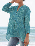 Women's Vintage Floral Art Print Casual Linen V-neck Shirt