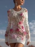 Vintage Boho Roses Fiber Art Cozy Knit Sweater Mini Dress elevenforest